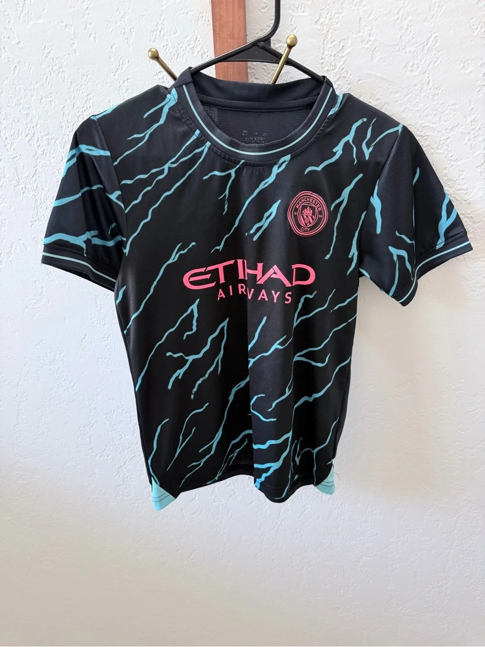 Kids Black Soccer Jersey with Light Blue Accents - Haaland 9